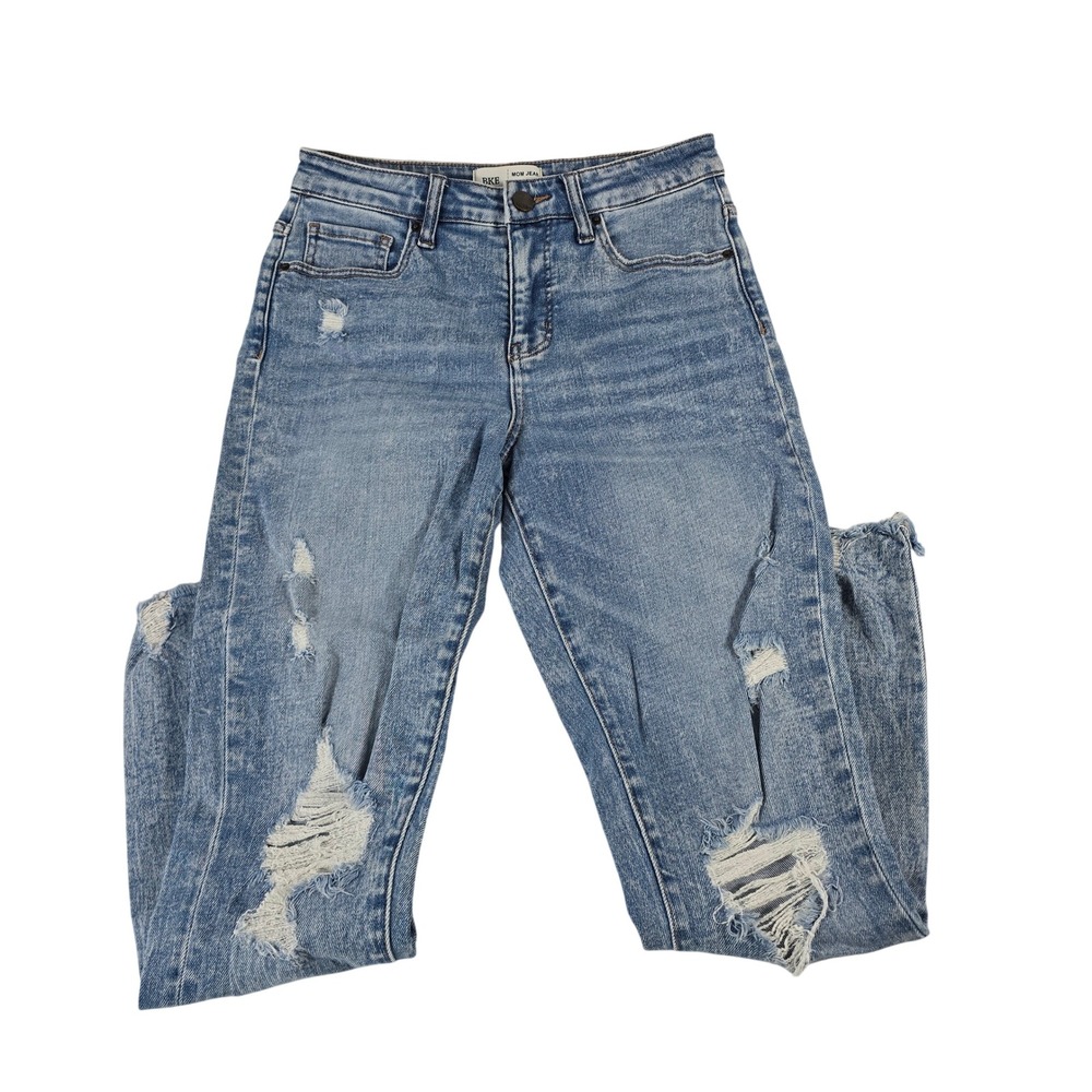 BKE Mom Jeans High Rise Light Wash Distressed Raw Hem Denim Size 26